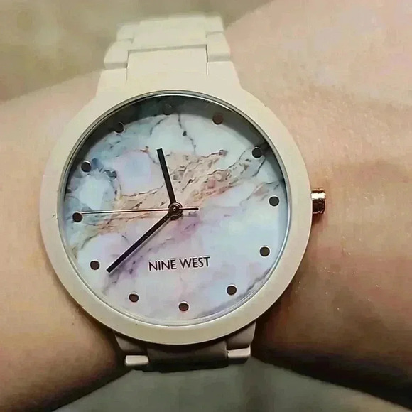 Nine West Pink and Marble Link Bracelet Watch with Rose Gold Features - Picture 1 of 3